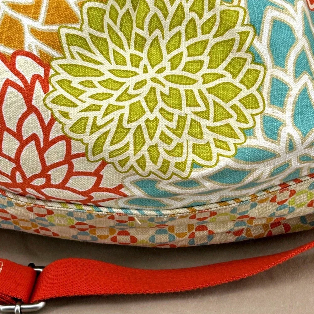 Womens Retro Floral Canvas Satchel Multicolor‎ Red Leather Trim Fossil Key-Per